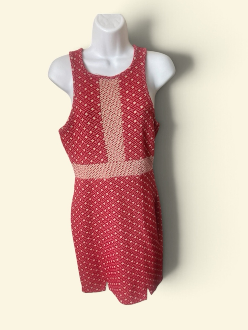 Minkpink, Textured Red Sleeveless Mini Dress with Cream Insets Sz S